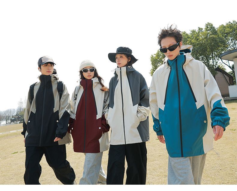 Rainstorm Level Water-Resistant Spring And Autumn Color-Block Windproof Coat Loose Hooded Hiking College Style Jacket_voghion.com