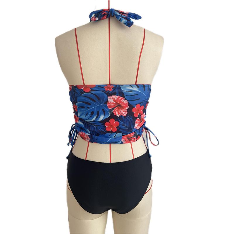 Zweiteilige Einzelteile Zweiteiliger Badeanzug für Damen Neckholder-Krawatten-Print Kordelzug-Design Schmaler Slip-Bikini_voghion.com