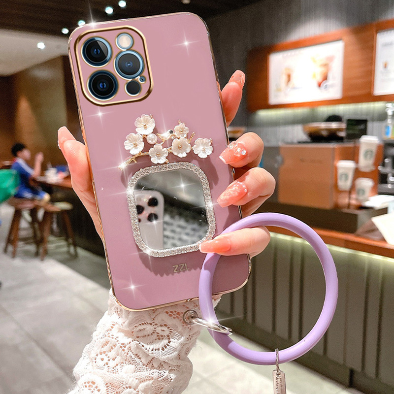 Plating Bracelet Case For Samsung A34 A54 A53 A32 A33 A22 A13 4G 5G A12 A73 A25 A31 A21S A14 Plum Flower Square Mirror_voghion.com