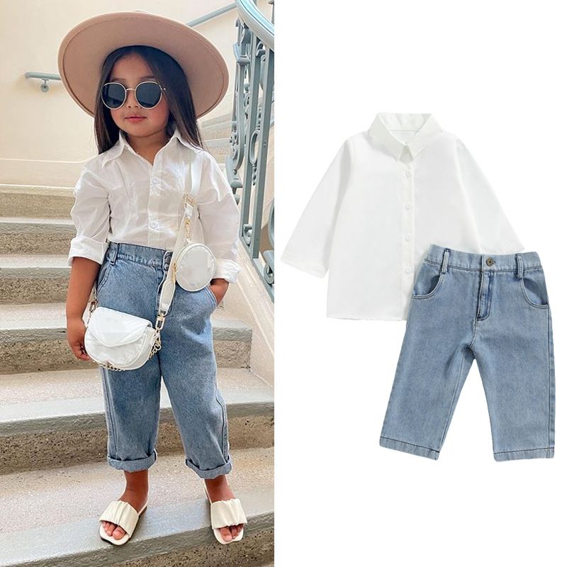 Mother&Kids Abito da ragazza Abito da bambino a maniche lunghe Abbigliamento per neonati Camicia per bambini Abito in denim a due pezzi_voghion.com