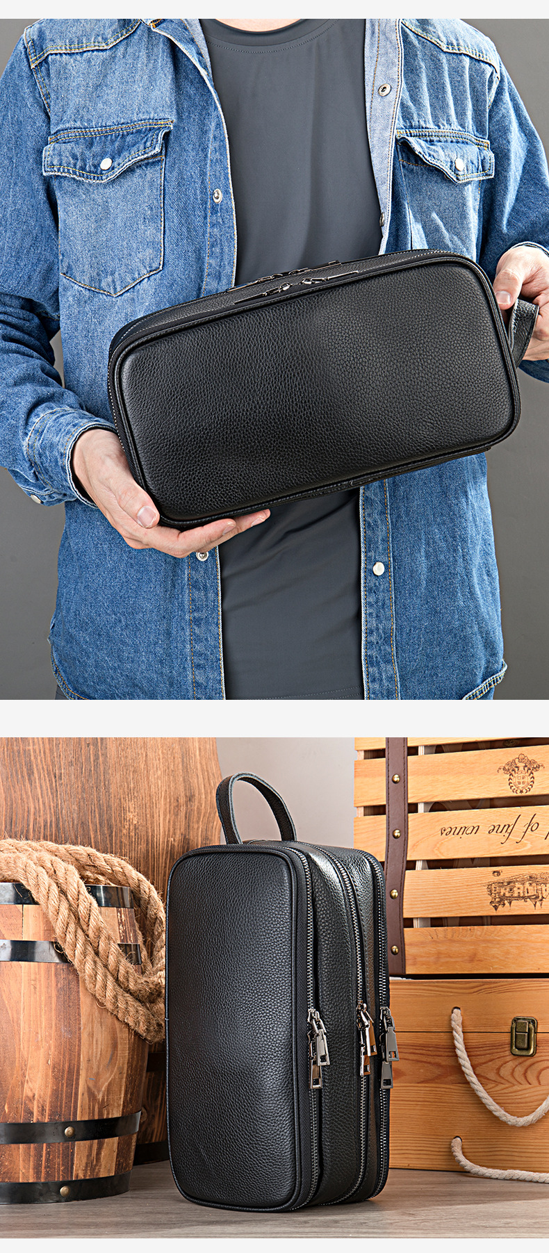 Marant Vintage Crazy Horse Leather Pochette da uomo in vera pelle con cerniera multipla, borsa da toilette di grande capacità_voghion.com