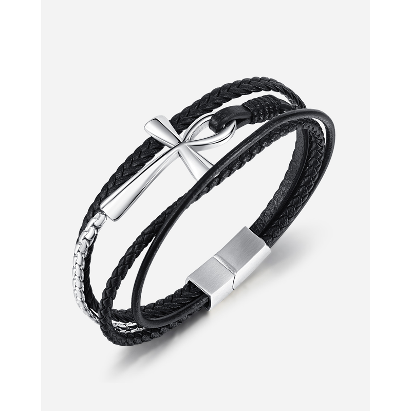 Mehrlagiges handgefertigtes gewebtes Lederband, klassisches Anka-Kreuz-Lederarmband_voghion.com