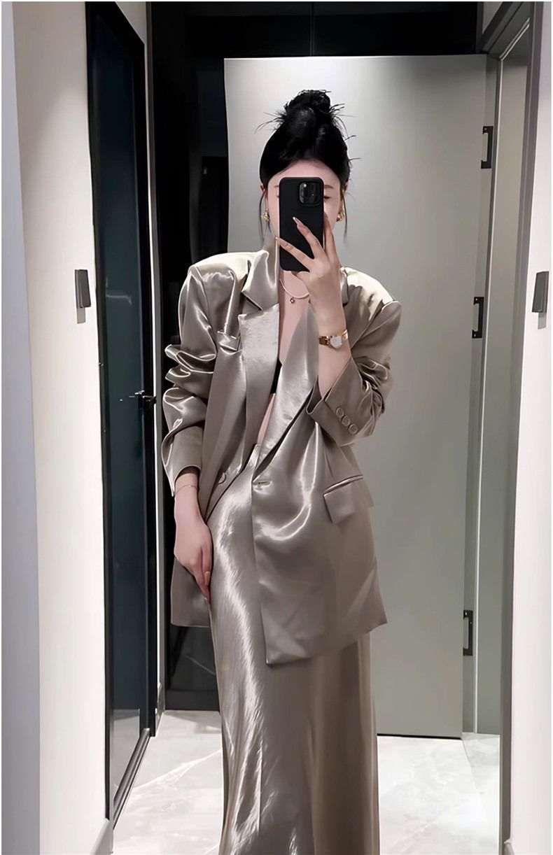 Modischer damenhafter Satinanzug für Frauen 2025 Frühjahr Neue Blazerjacke Hoher Taillenrock Zweiteiliges Set_voghion.com