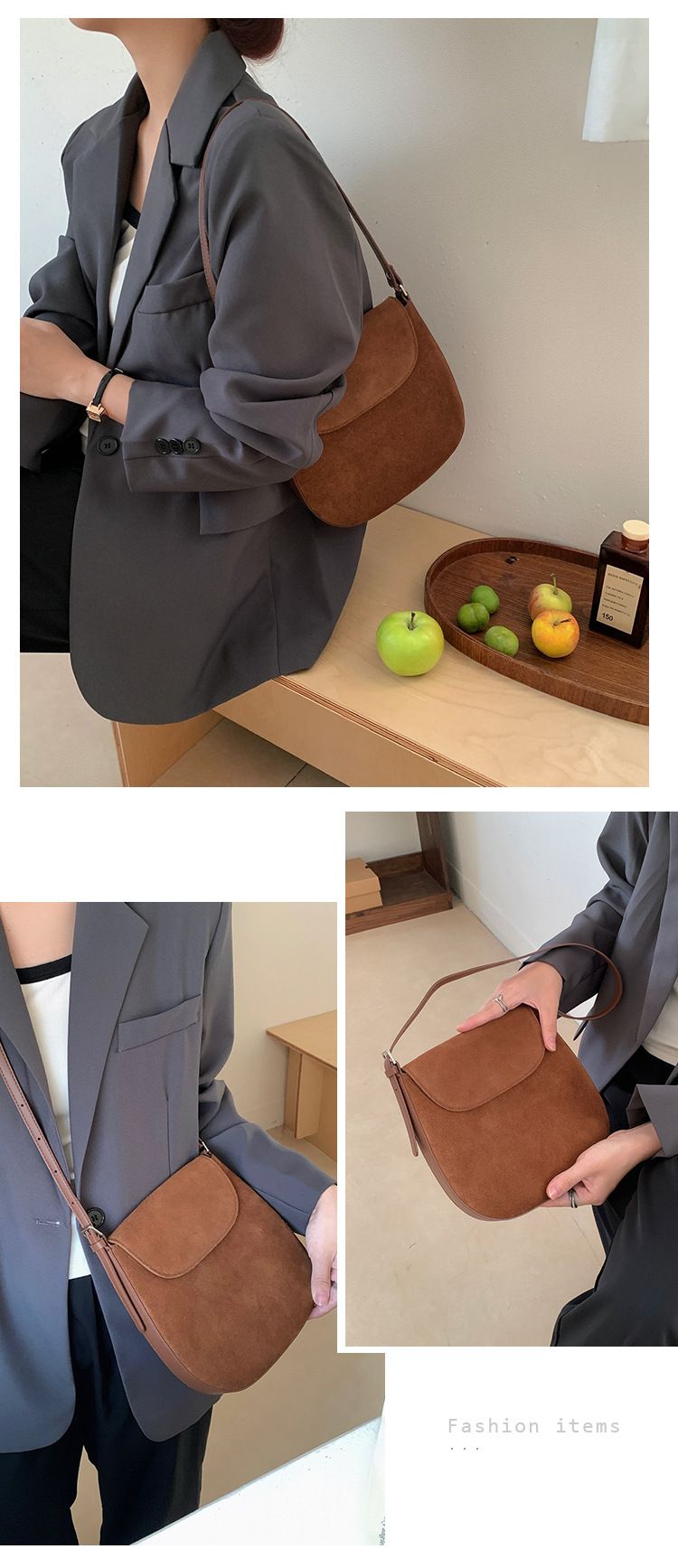 【 Genuine leather women's 】 Suede frosted cowhide saddle with niche design, single shoulder crossbody bag, underarm bag_voghion.com