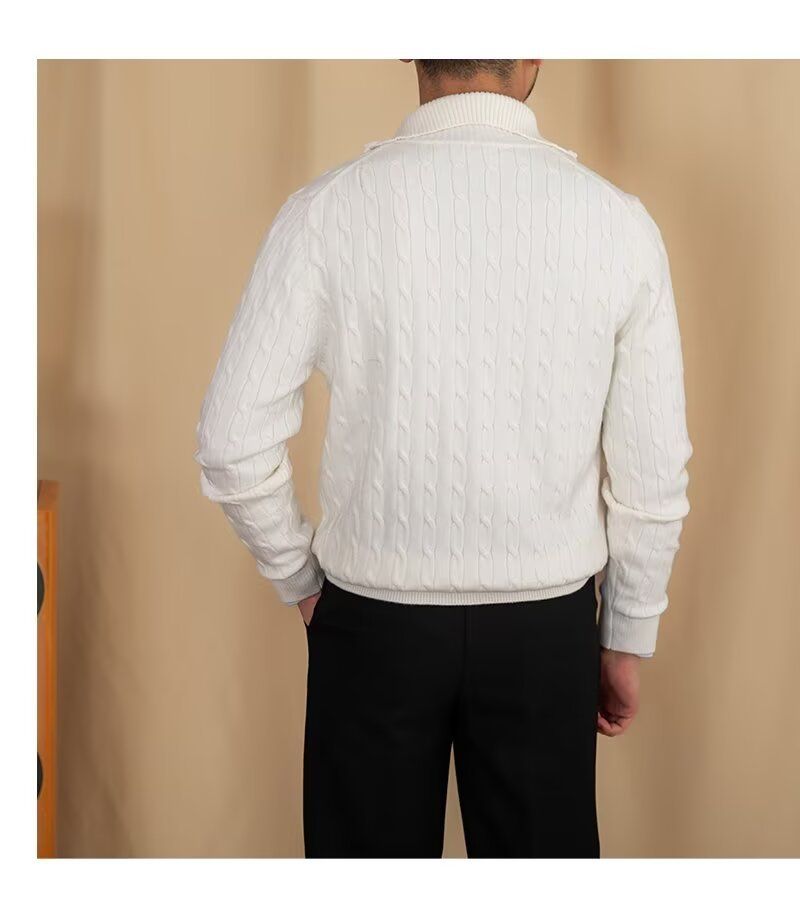 Men's Clothing Cozy Retro Zip-Up Knit Sweater For Men & Women, Soft Pullover With Embroidered Badge, Loose Fit Casual Wear, Black/White, Sizes M-3XL_voghion.com