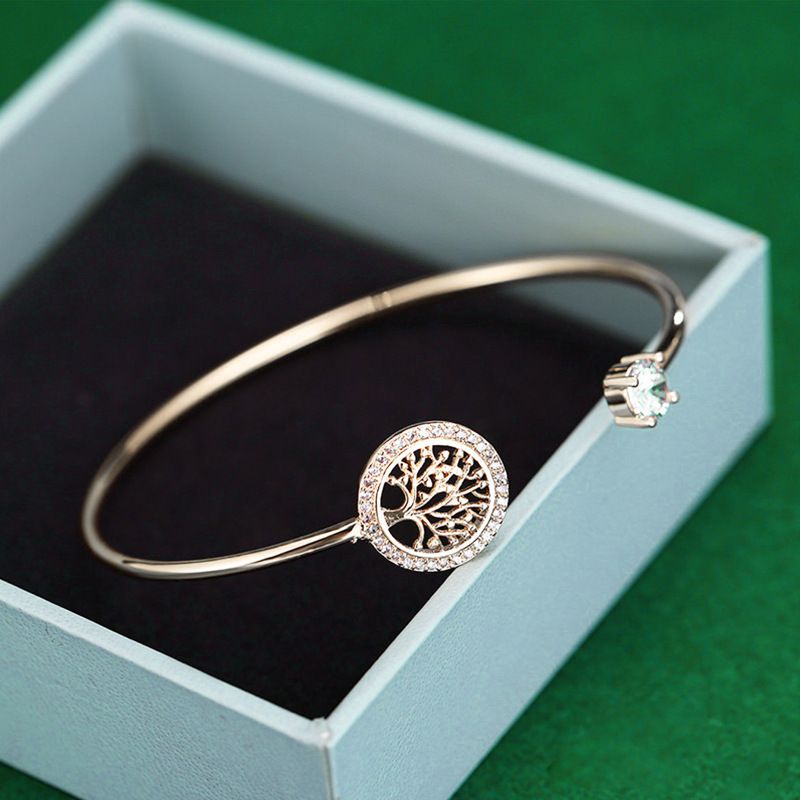 Ornament Style Life Tree Bracelet For Women, Adjustable Open Personality Rhinestone Jewelry_voghion.com