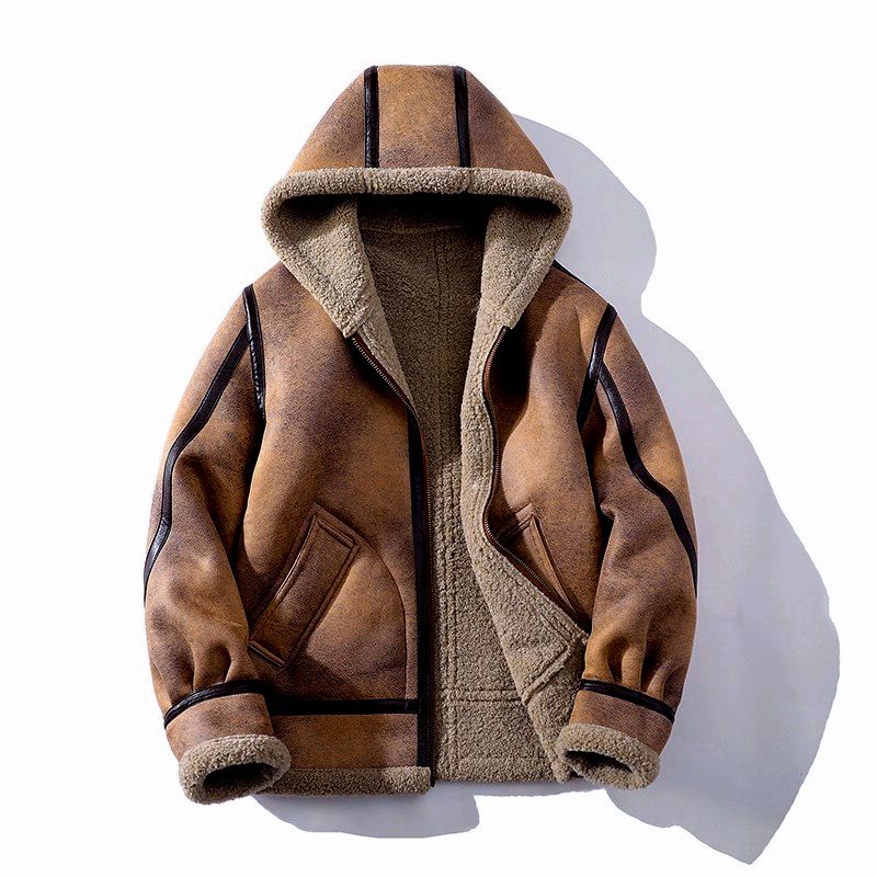 2025 Winter Large Size Hooded Shearling One-Piece Lamb Wool Motorcycle Trendy Brand Melard Leather Jacket Men_voghion.com