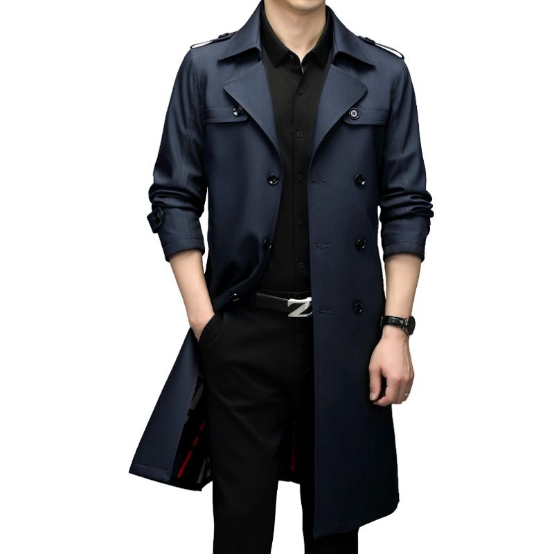 2025 Trench Coat With Turn-Down Collar, Mid-Length, Dad Style, Business Casual, Spring Summer, Middle-Aged Men's Jacket,_voghion.com