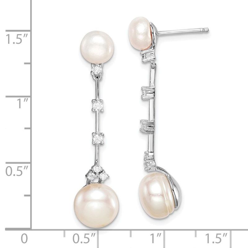Sterling Silver Rhodium-plated CZ FWC Button Pearl Dangle Post Earrings_voghion.com