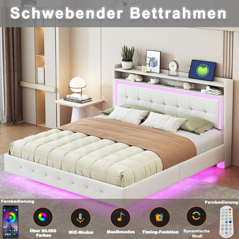 Polsterbett 160x200cm Con USB, LED, Fuochi Versteckten, Leinenstoff Beige_voghion.com