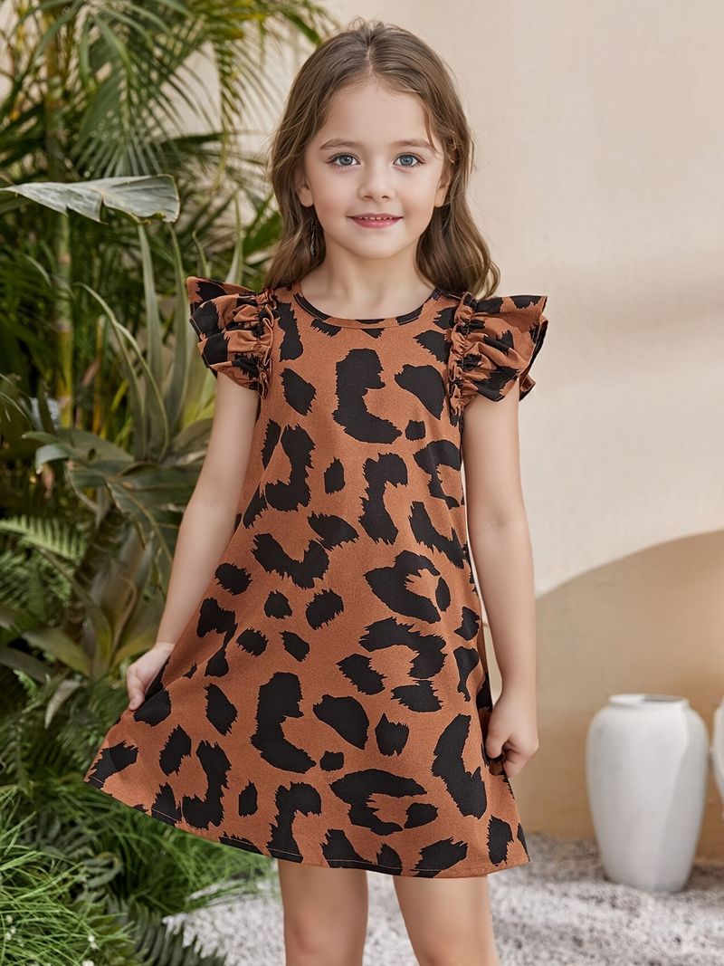 Kinderkleidung INS Frühlings- und Sommerkleider für Mädchen Modisches Leopardenmuster Kleine fliegende Ärmel Modische Kleider für Mädchen Sommerkleidung_voghion.com