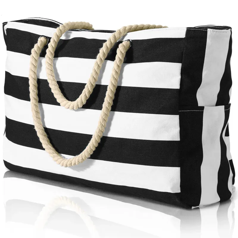 Striped Zipper Outer Bag For Outdoor Travel Vacation Waterproof And Sand Resistant Canvas Convenient Folding Beach_voghion.com