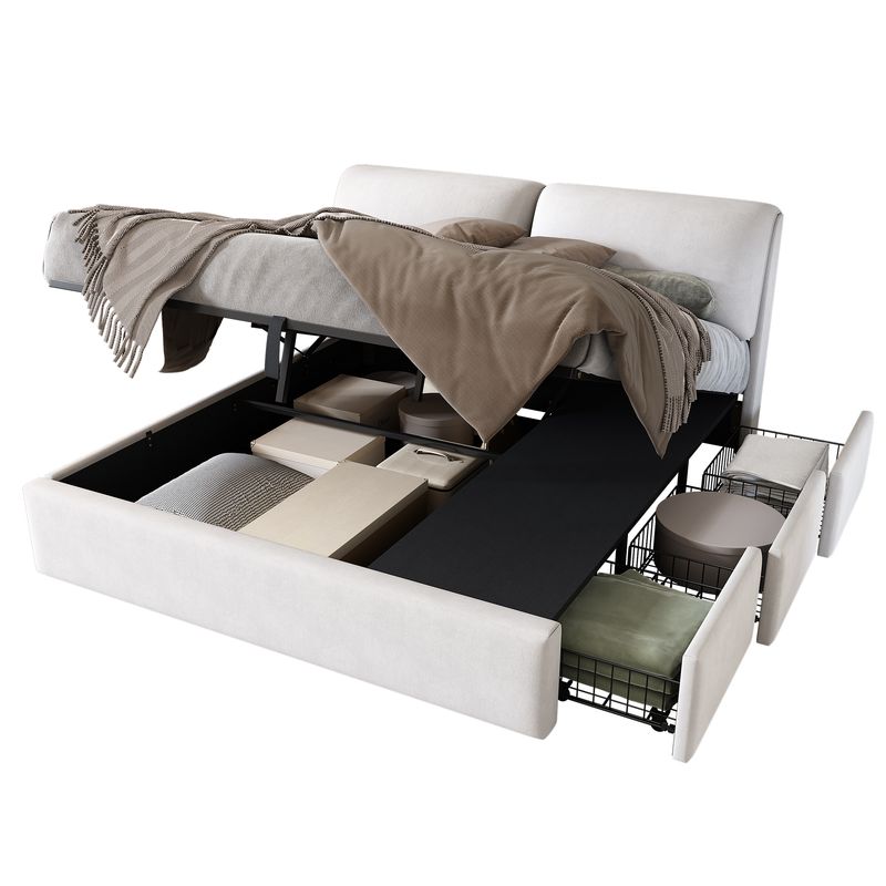 Cadre de lit coffre hydraulique rembourré en velours avec 3 tiroirs, sommier à lattes, beige, 180 x 200 cm, matelas non inclus_voghion.com