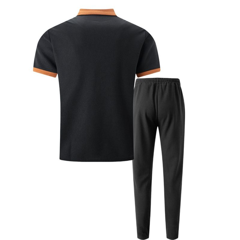 Herrenbekleidung: Neuer, farblich passender, kurzärmliger Zweiteiler-Anzug mit Waffelmuster und Revers für Herren_voghion.com