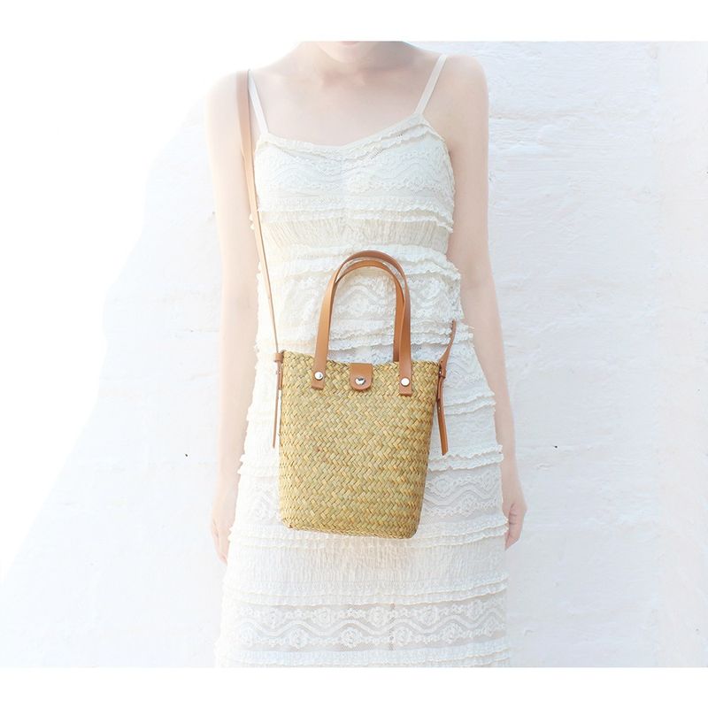 Straw - Woven Hand - Knitted Cross - Body Bag, A Niche And Versatile Shoulder - Carried Coin Purse, Raffia Mobile Phone Bag For Beach Vacations, Women_voghion.com