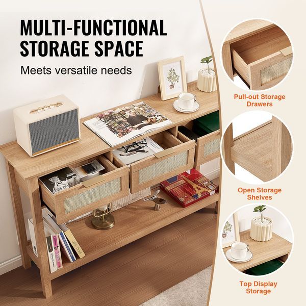Rattan Console Table With 3 Storage Drawers Rattan Sliding Door Natural_voghion.com