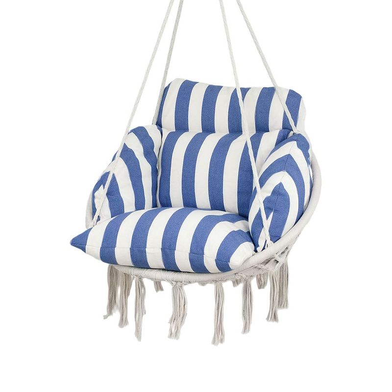 Outsunny Hammock Swing Chair, Macrame Hanging Chair With Large Cushion, Chain, Steel Frame For Indoor Outdoor Use, Blue And White_voghion.com
