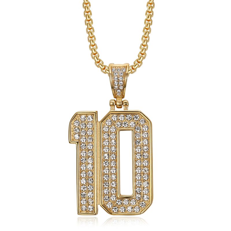 Collana con ciondolo a forma di numero 10 in acciaio inossidabile placcato oro con diamanti, gioielli da uomo Hip Hop HIPHOP_voghion.com