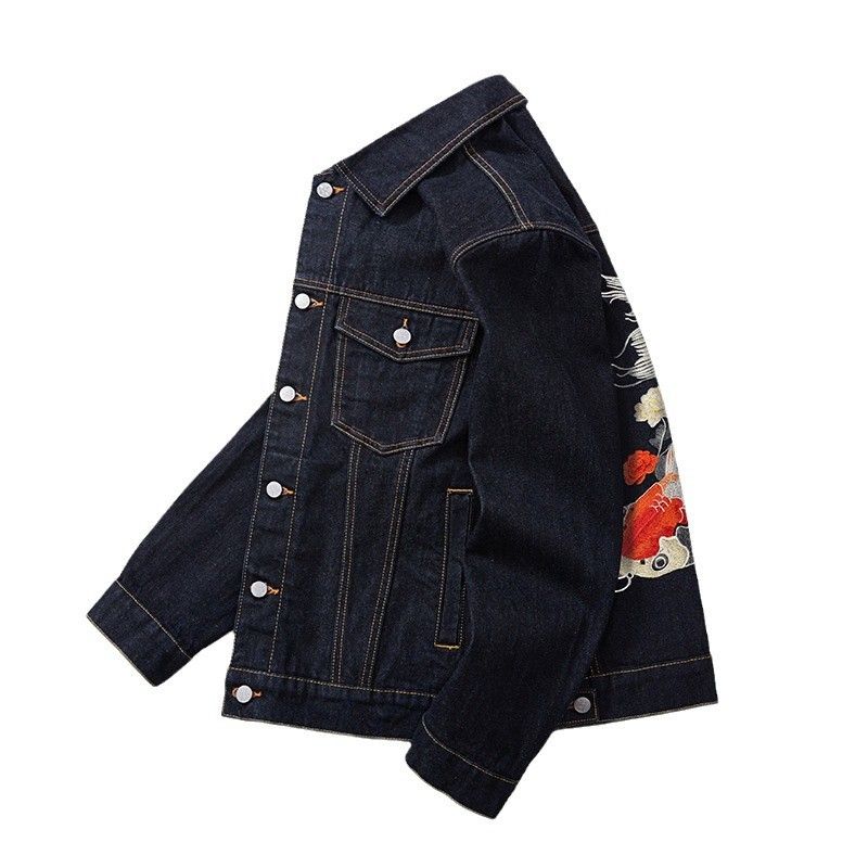 Autumn New Genuine Leather High-Density Embroidered Koi Red-Eared Denim Jacket Retro Trendy Brand Coat_voghion.com