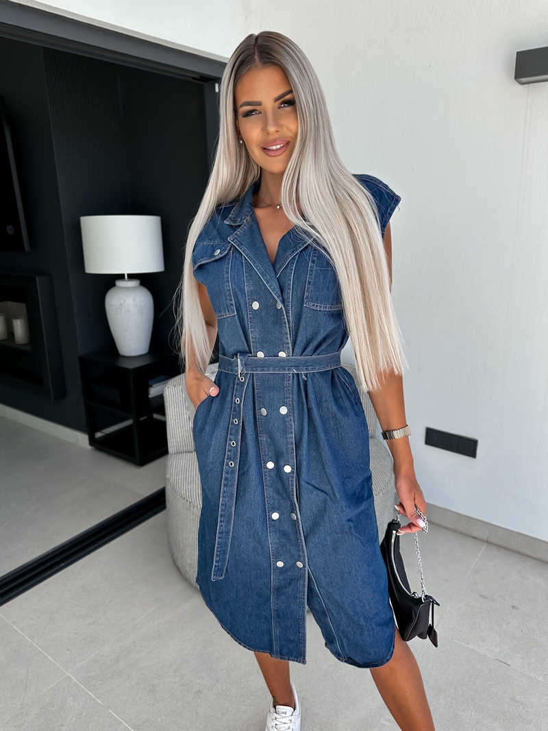 Abito in denim con lacci e vita aperta sul petto, senza maniche, con risvolto casual da donna _voghion.com
