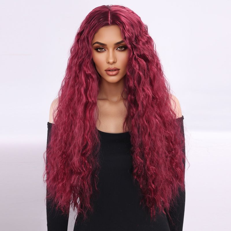 Parrucca con extension per capelli, nuova parrucca per donna, capelli neri ricci alla moda, ondulati, ricci di mais, riga centrale, frangia, copricapo completo._voghion.com