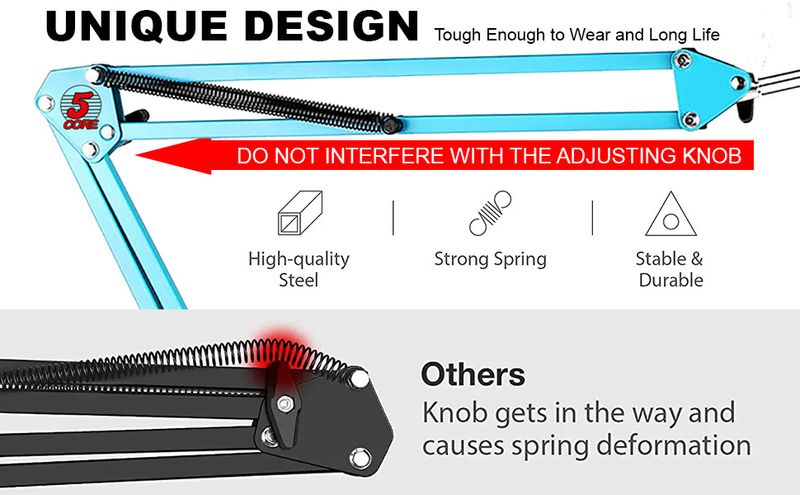 5 Core Mic Arm Adjustable Boom Microphone Stand Desk Mount Heavy Duty Brazo Para Microfono for Condenser Dynamic Mics - MS ARM BLU_voghion.com