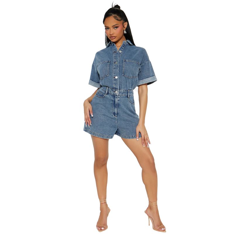 Salopetă din denim spălat, cu mânecă scurtă și elastică, lejeră, pentru femei_voghion.com