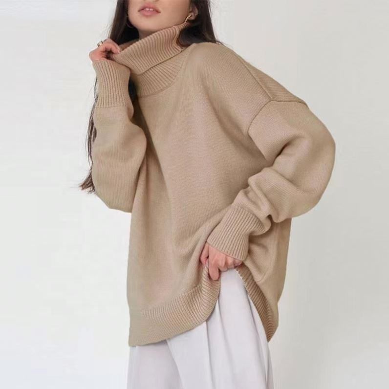 Maglione oversize da donna con collo alto - Pullover invernale in morbido misto acrilico, classico top casual a collo alto in tinta unita per autunno e inverno_voghion.com