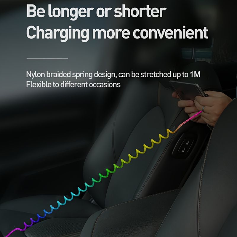 3A Fast Spring USB Type C Charger Cable - Adjustable Length, Nylon Braided, Durable, Fast Charging, Compatible with Samsung/Xiaomi_voghion.com