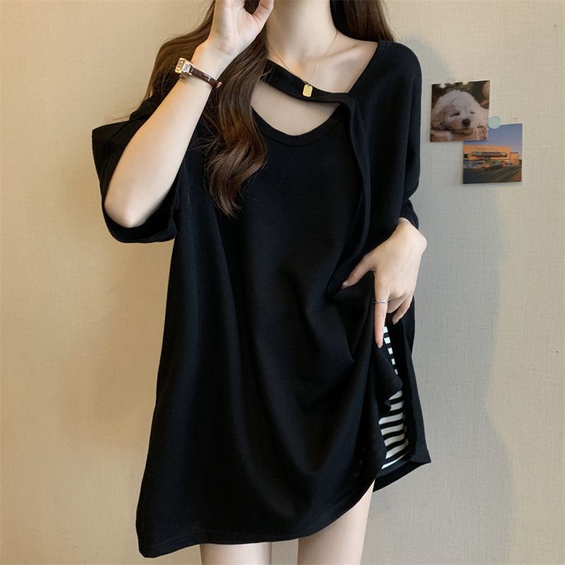 Maglietta a maniche corte con spacco di media lunghezza per donna, nuova maglietta estiva ampia e snellente per taglie forti, design Sense Niche_voghion.com