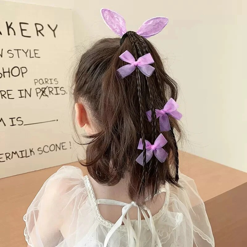 Cute Butterfly Braided Wigs For Girls Elastic Bands DIY Braids Synthetic Ponytail With Rubber Band Hair Extensions_voghion.com