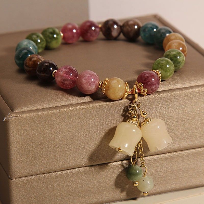 New Natural Stone Colored Tourmaline Women's Instagram Small Bell Orchid Pendant Bracelet as a Gift for Girlfriend and_voghion.com