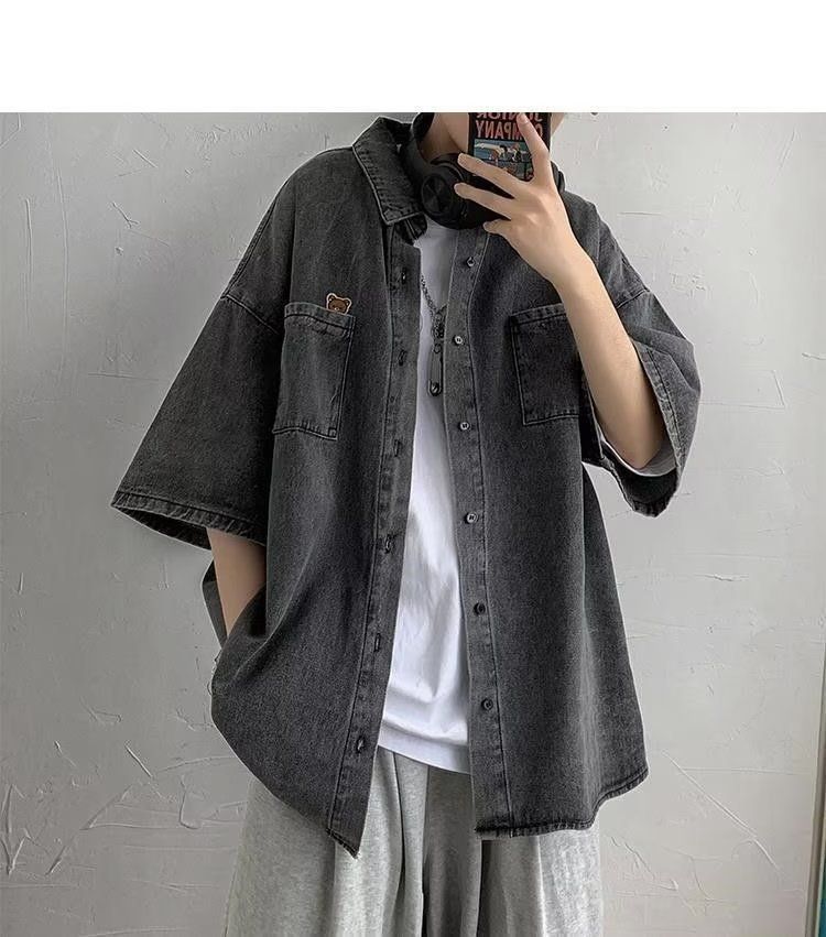 Letnia krótka koszula dżinsowa dla mężczyzn, stylowa, modny niszowy design, luźna, swobodna kurtka z krótkim rękawem_voghion.com