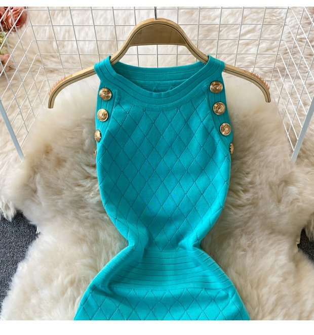 Damen Rundhals Ärmelloses Strick Neckholder Off-Shoulder Kleid Sexy Hüftbetontes Kurzrockkleid_voghion.com