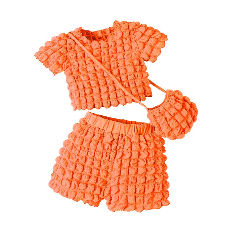 Ensemble d'été pour enfants, haut à manches courtes + short + sac à carreaux à bulles solides, couleur bonbon, ensemble pour filles_voghion.com