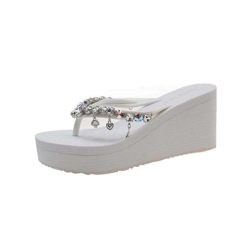 New High-heeled Herringbone Women's Rhinestone Chain Pendant, Thick Soled Fashionable Clip On Foot Slippers, Worn_voghion.com