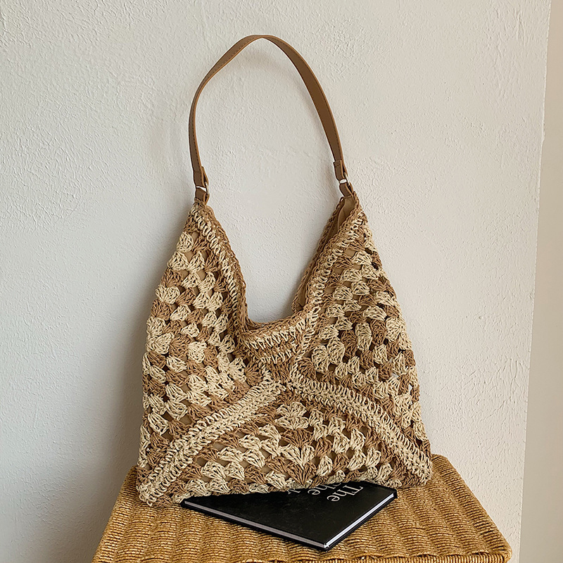 Borsa a tracolla di paglia intrecciata da donna popolare, borsa di medie dimensioni con manico per le vacanze al mare_voghion.com