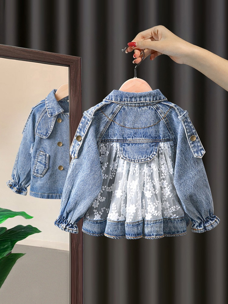 Giacca di jeans da ragazza Top in pizzo ricamato primaverile e autunnale per neonate_voghion.com