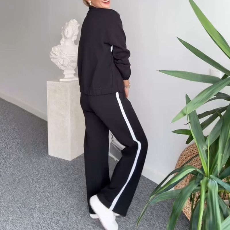 Lässiges zweiteiliges Set für Damen, Frühlings-Loungehose mit Streifen und Farbblock – Bequemer, dehnbarer Jogginganzug aus Polyester für Sport, Reisen und den Alltag_voghion.com