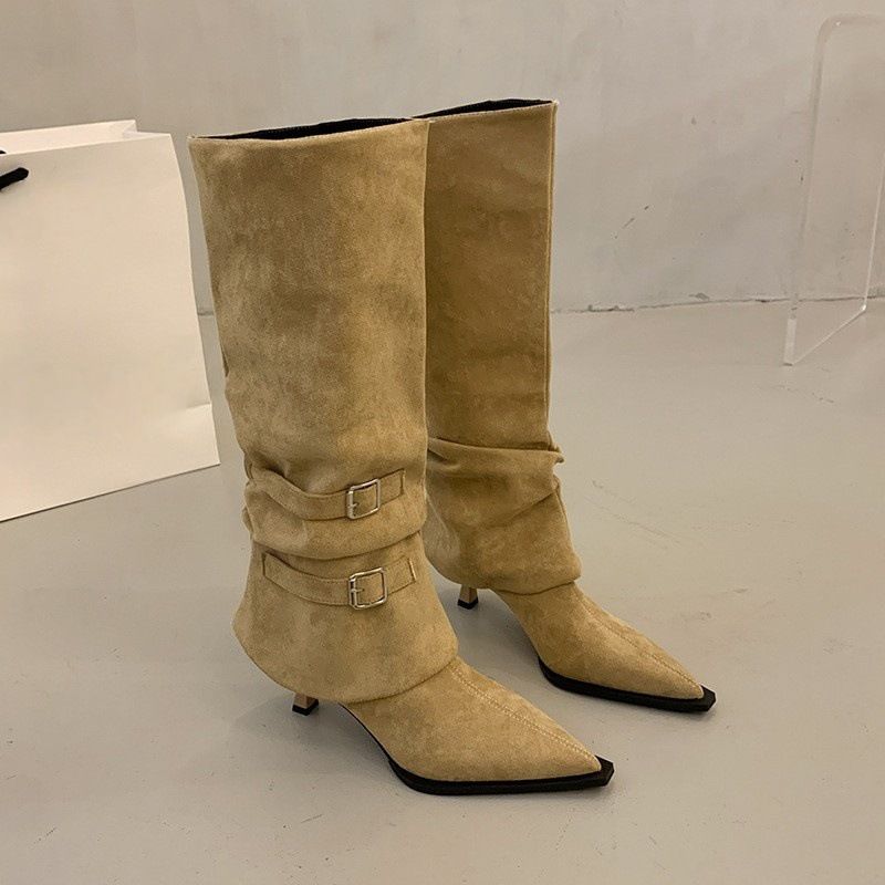 2025 Autumn Winter New Korean Style Pointed Toe Chunky Heel Short For Women Slim Elastic Sock Versatile Flat Fashion_voghion.com