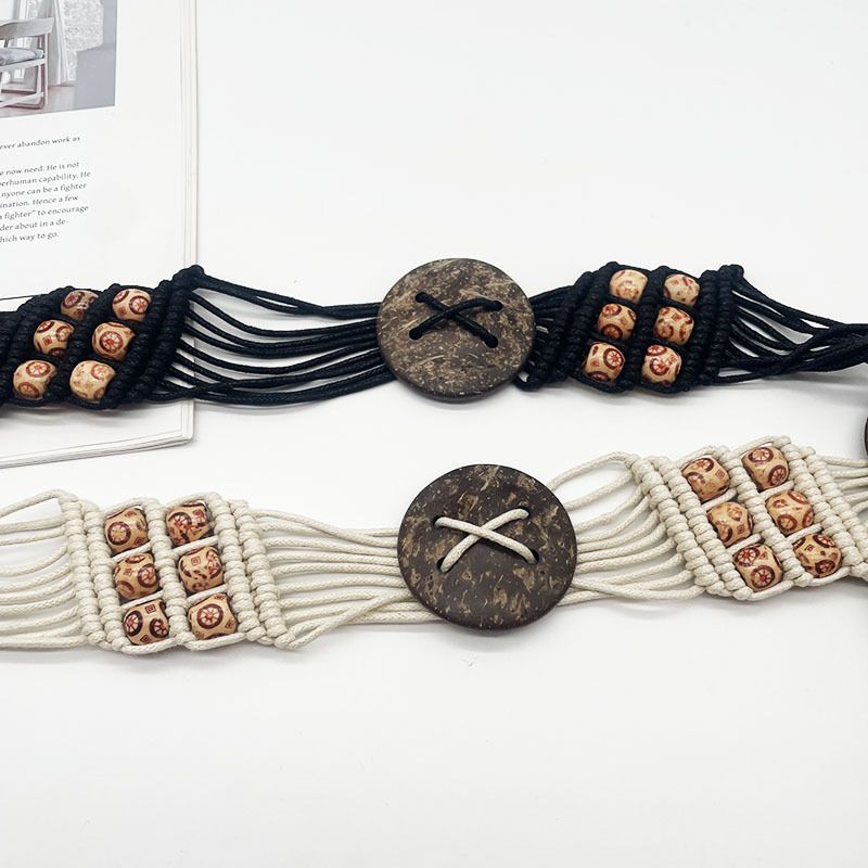 Ceinture de pantalon en corde tissée à la cire pour femme, style ethnique unique, tendance, perles, coquillages de noix de coco, pompon_voghion.com