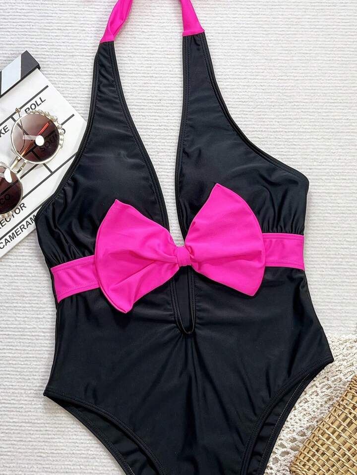 Maillot de bain une pièce sexy avec grand nœud papillon – Maillot de bain en nylon couleur unie pour femme, style européen avec coussinet de poitrine_voghion.com