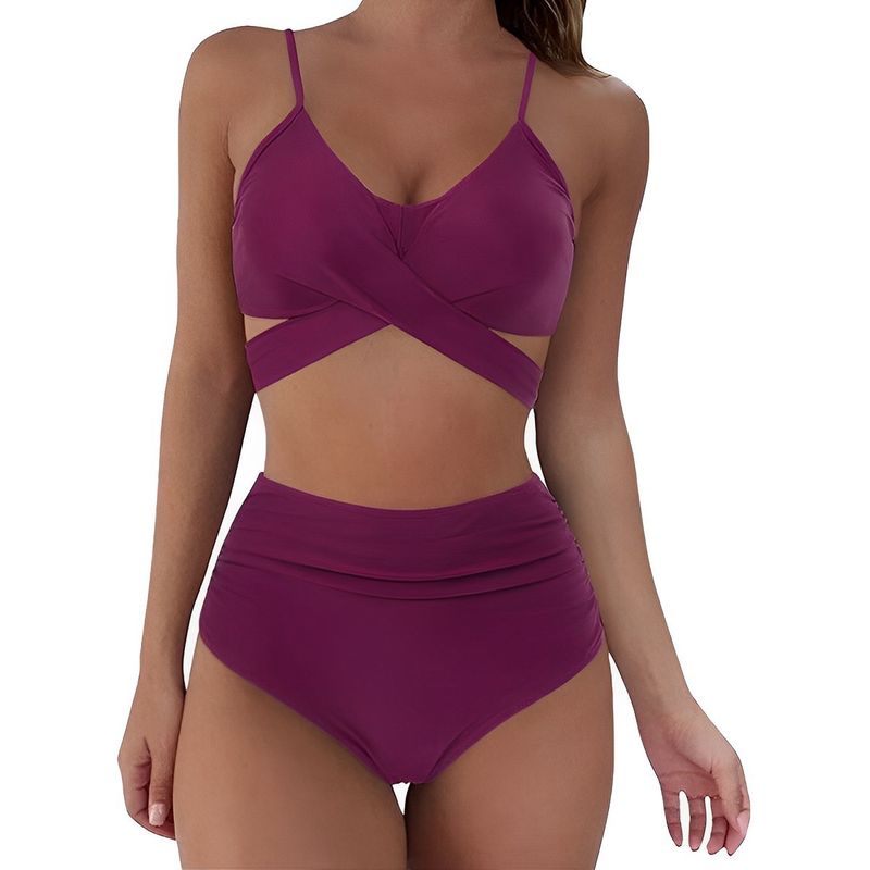 2025 New Bikini Women's Two-Piece Solid Color High-Waisted Swimsuit YQ0506_voghion.com
