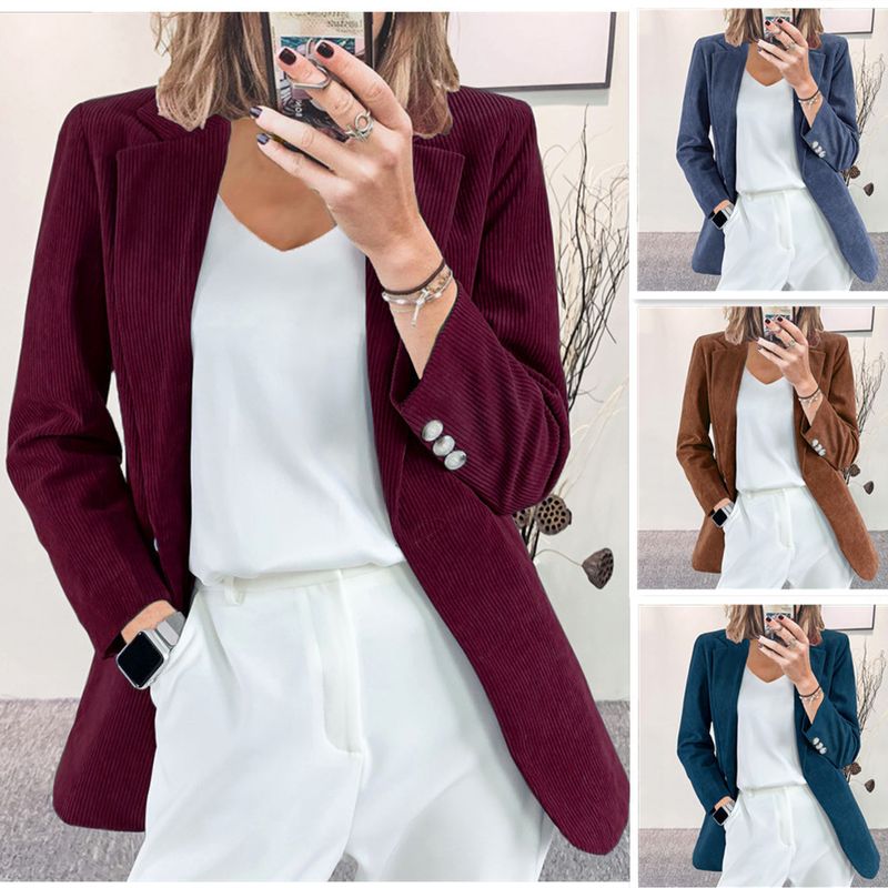 Giacca blazer professionale casual in velluto a coste elegante, vestibilità slim, tinta unita, autunno e inverno_voghion.com