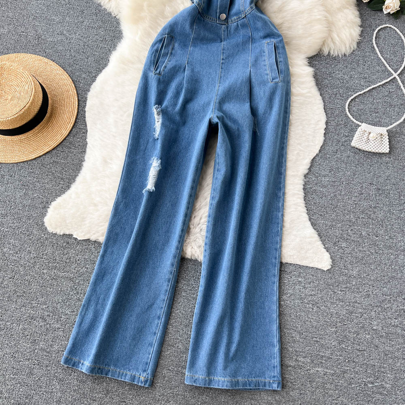 Moteriški vintažinio stiliaus darbo drabužiai Smocked Jumpsuit Džinsai plačiomis kojomis_voghion.com