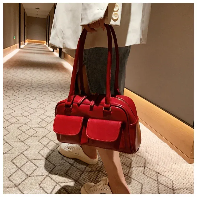 Borsa a tracolla da donna rossa retrò, in pelle verniciata, multitasche, da donna, a tracolla, sottobraccio, tote bag_voghion.com