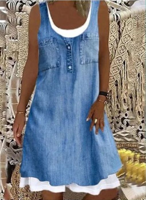 Abito casual senza maniche con scollo rotondo e stampa floreale in denim 2021_voghion.com
