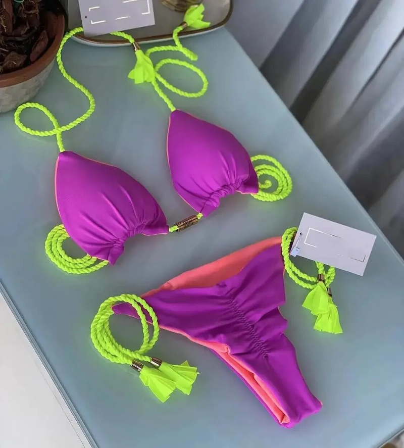 Swimwear Patchwork Thong Bikini Set Swimsuits Sexy Bikinis Triangle Bandage Female Clothing Beachwear Beach Vacation_voghion.com