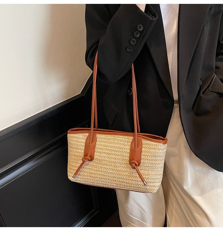 Damentaschen, Strohgewebte Tasche für Damen, Nischendesign, gewebte Tasche, große Kapazität, Pendler-Einkaufstasche, Tragetasche, Strandtasche_voghion.com