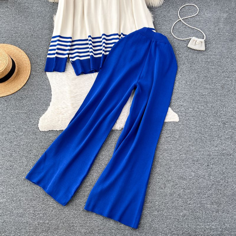 Damenbekleidung im Lazy Style, lockere, kontrastfarbene, gestreifte, langärmelige Strickoberteile für Damen, drapierte Hose mit hoher Taille, lässiger zweiteiliger Anzug für Damen_voghion.com